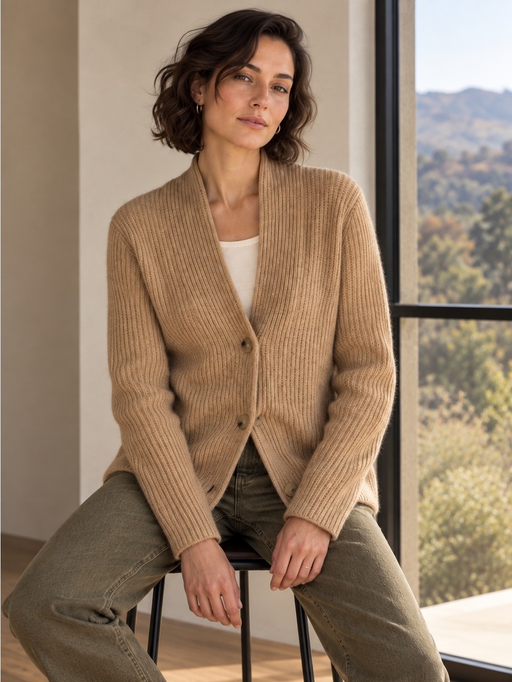Vince Wool Cashmere Ribbed Button Front Cardigan Light Camel Small